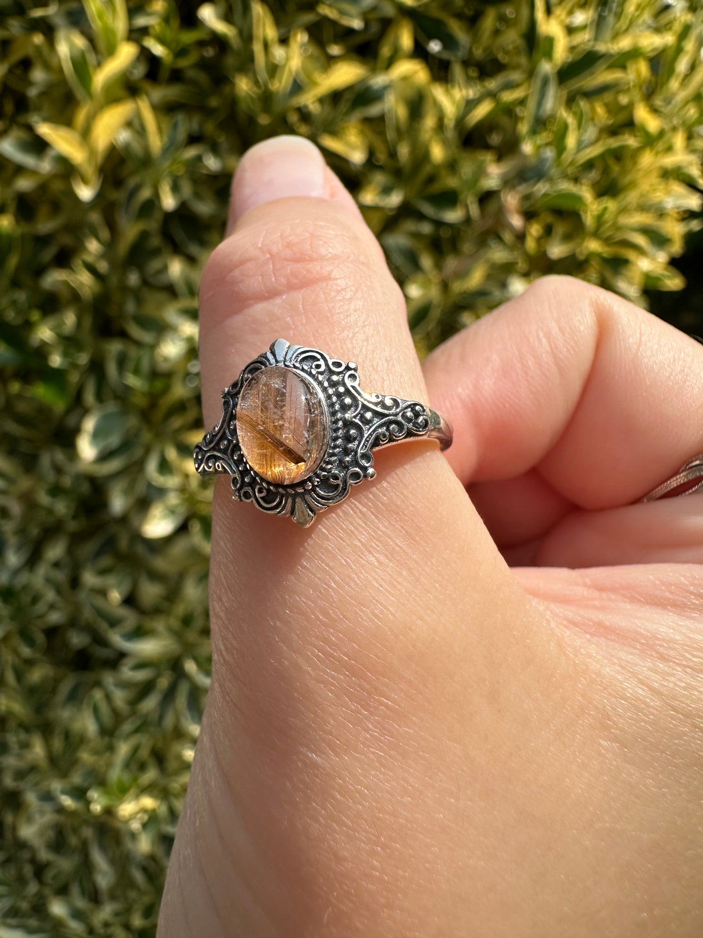 Gold Rutile in Quartz Adjustable Ring (925 Sterling Silver)