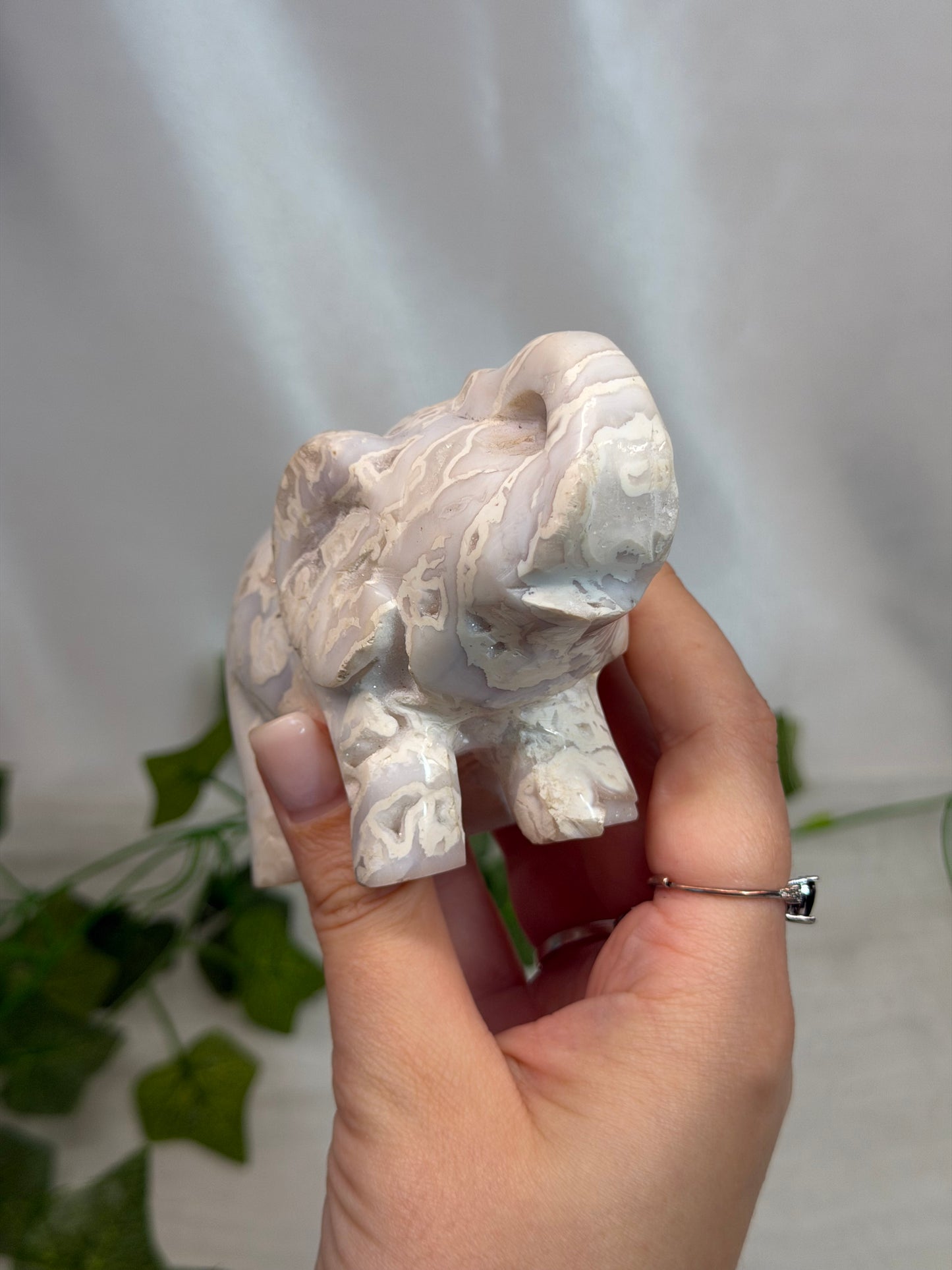 White Plume Agate Elephant