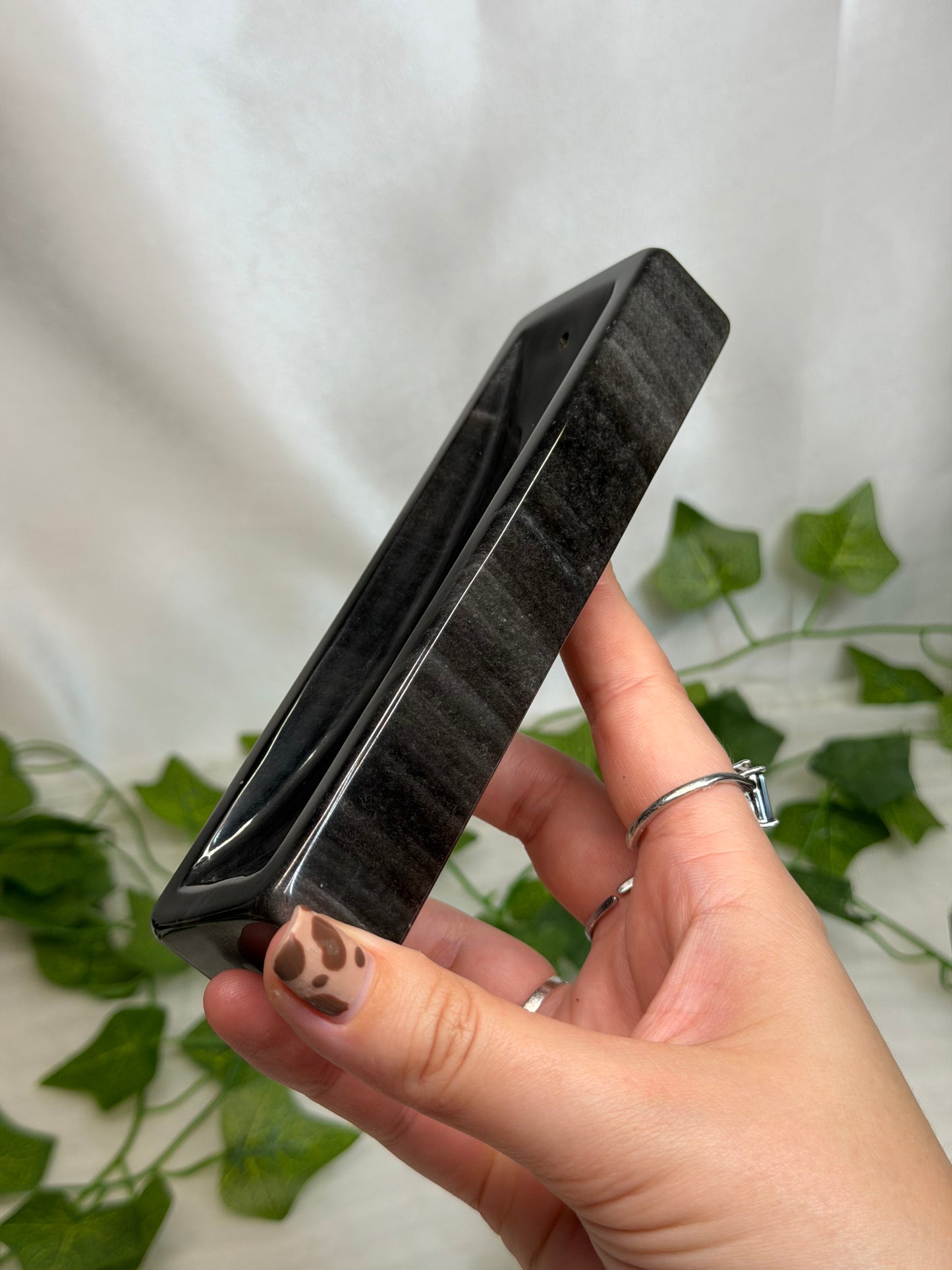 Silver Sheen Obsidian Incense Holder