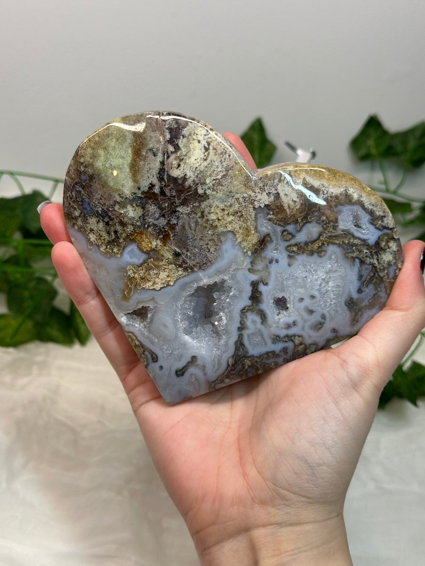 Moss Agate Heart on a Stand