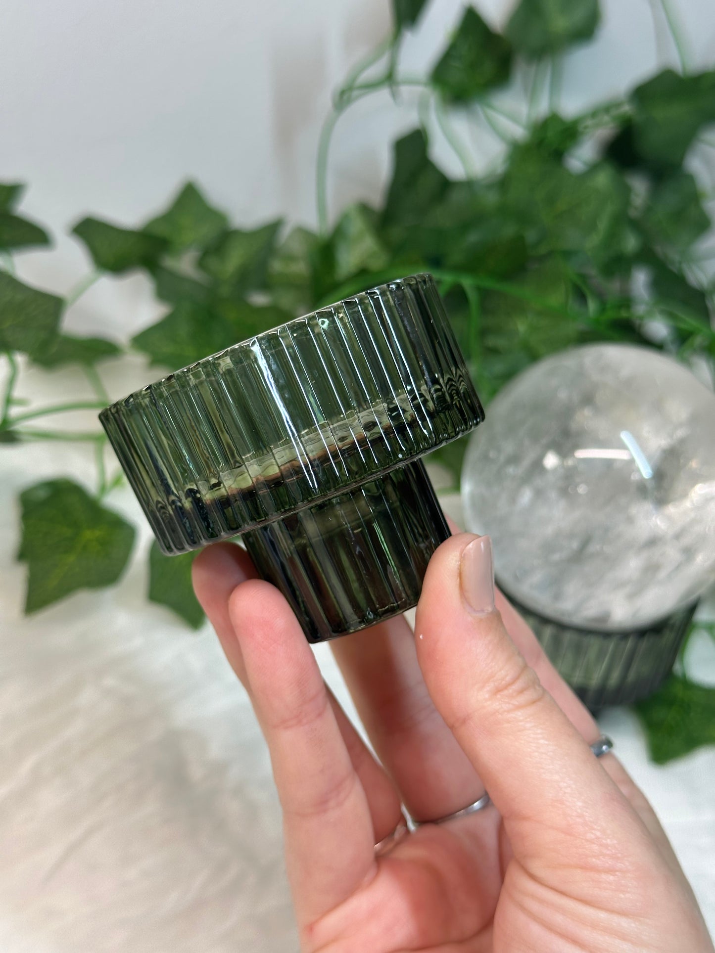 Green 2 Sided Glass Sphere Stand / Candle Holder