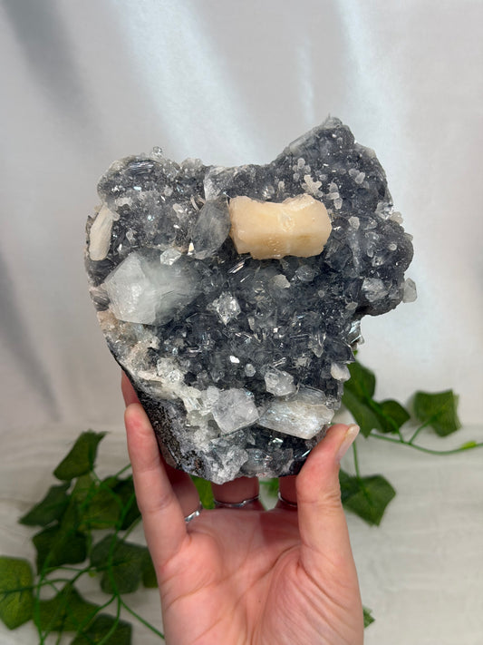 Apophyllite & Stilbite on Black Chalcedony Cutbase