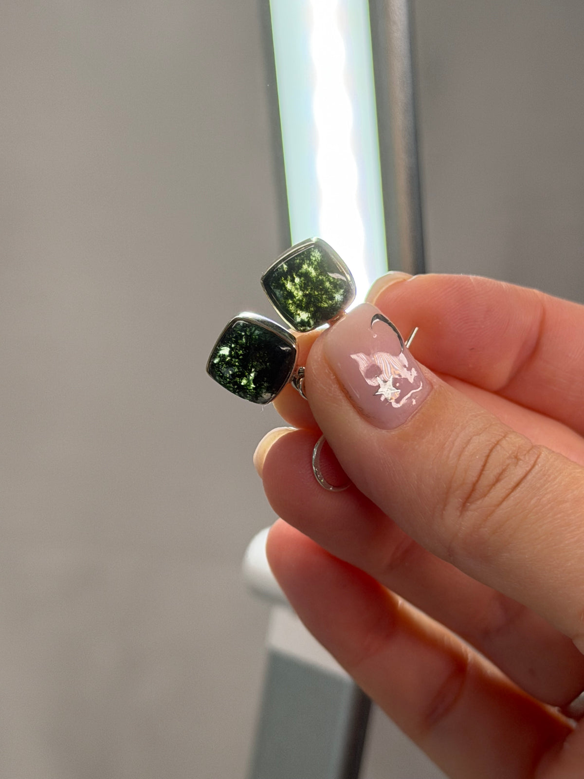 Moss Agate Square Drip Earrings (925 Sterling Silver)