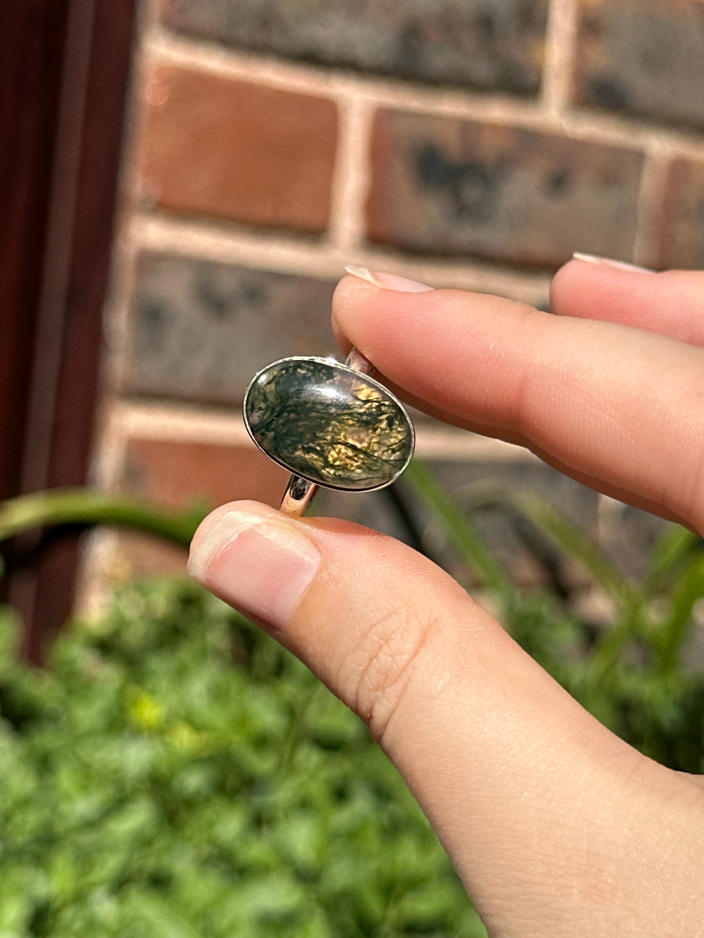 Size U Moss Agate Ring (925 Sterling Silver)