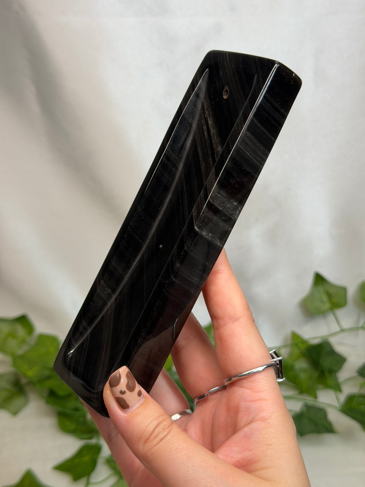 Silver Sheen Obsidian Incense Holder