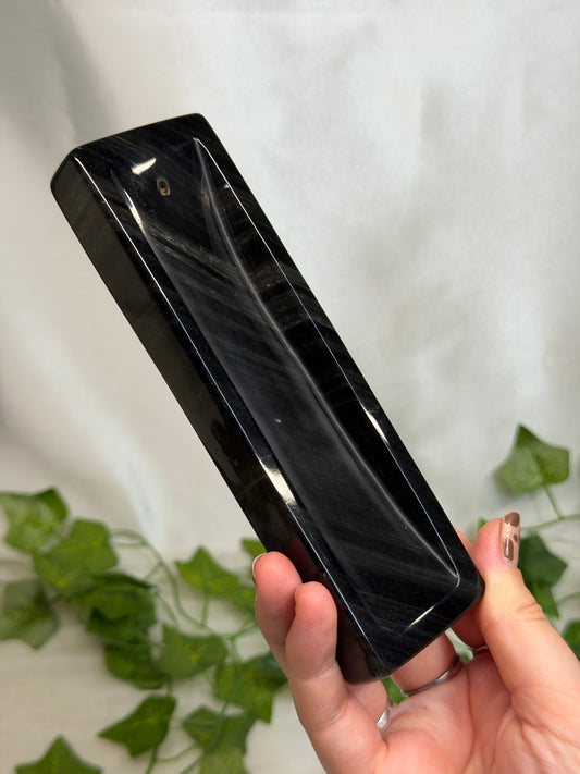 Silver Sheen Obsidian Incense Holder