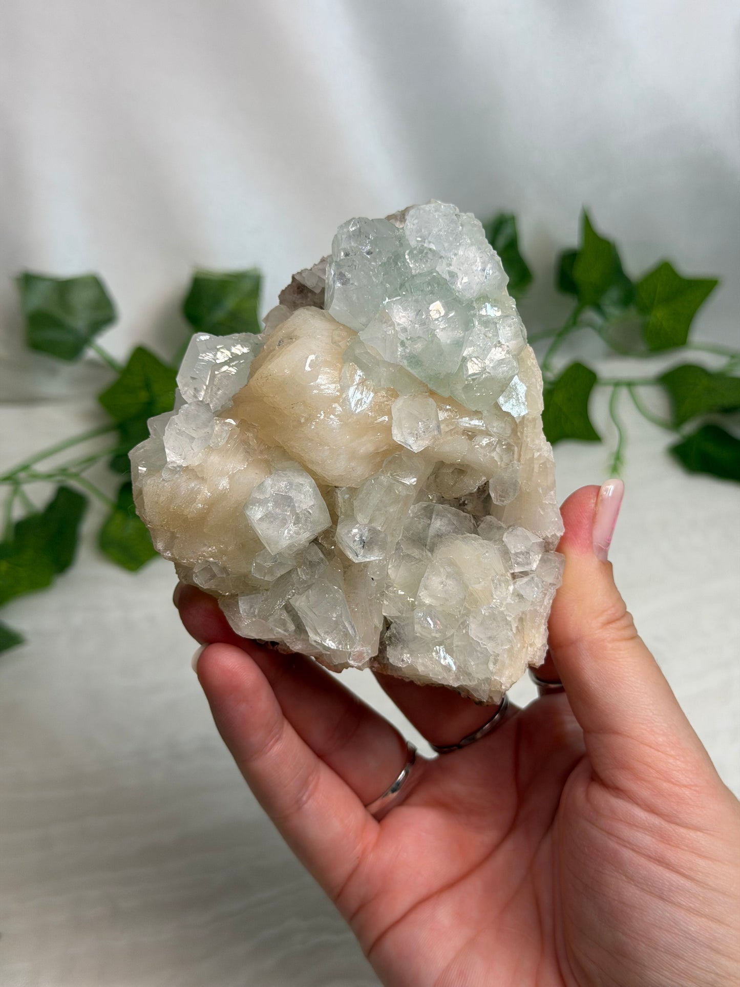 Green Discoball Apophyllite with Peach Stilbite