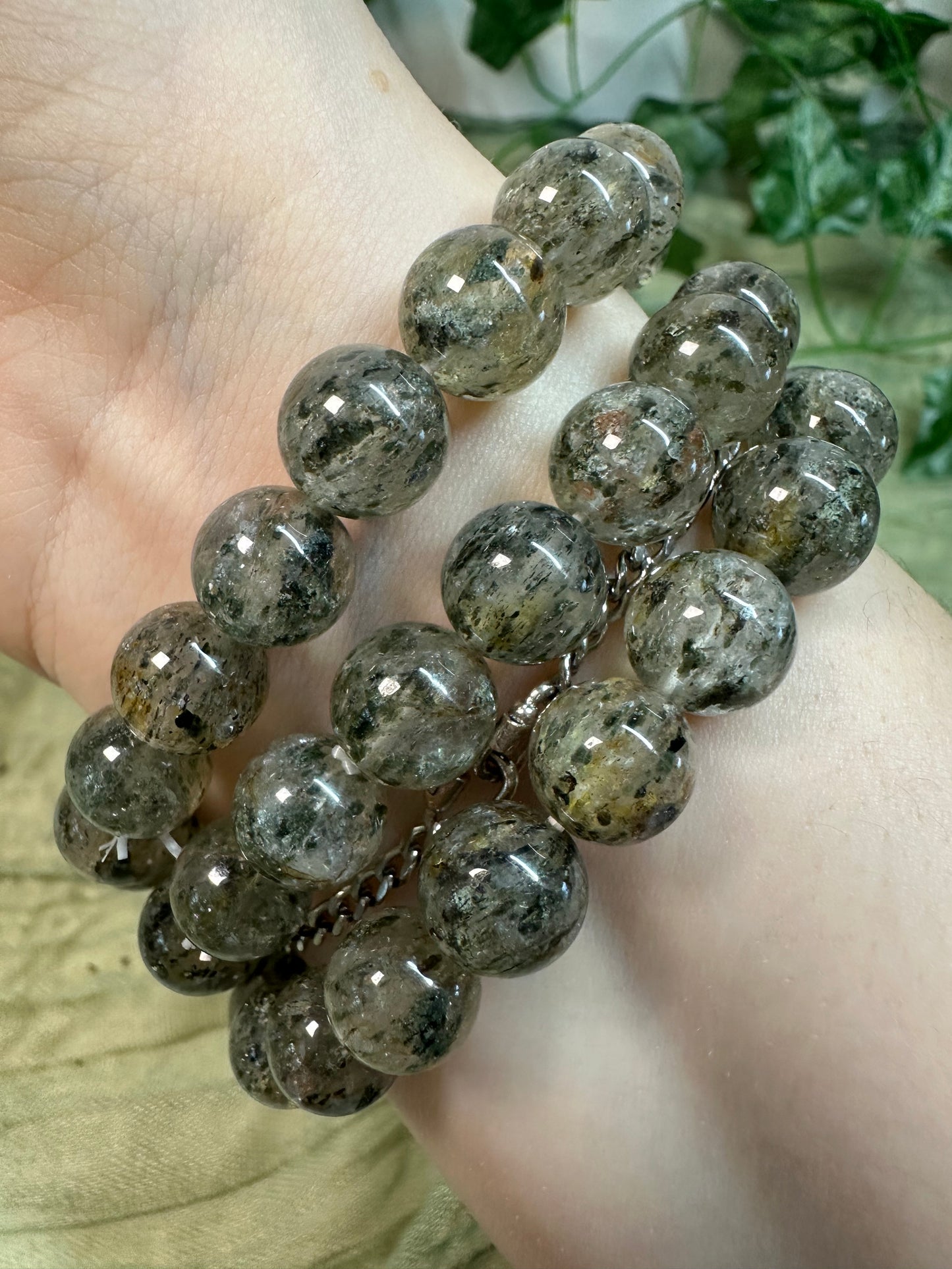 10mm Green Mica in Quartz Beaded Bracelet