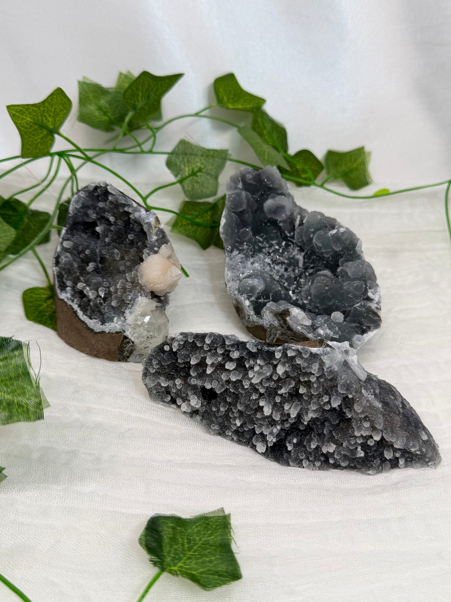 Apophyllite & Stilbite on Black Chalcedony Cutbases