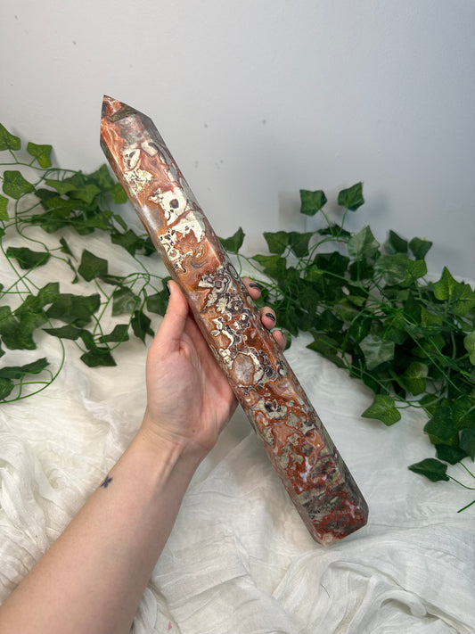 39cm Red Money Agate Tower