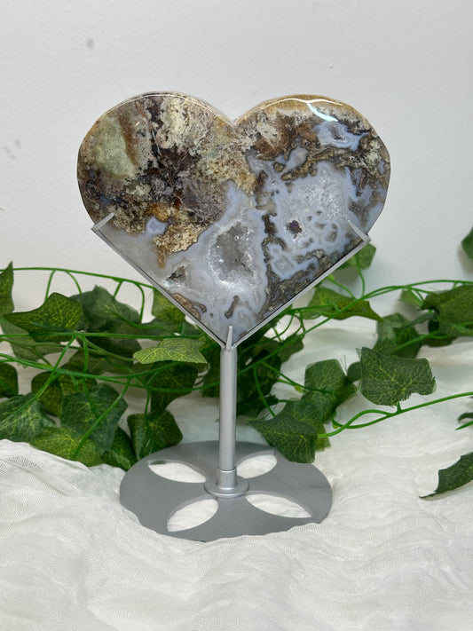 Moss Agate Heart on a Stand