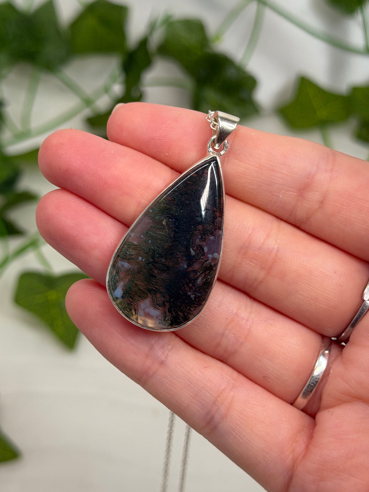 Moss Agate Teardrop Pendant (925 Sterling Silver)
