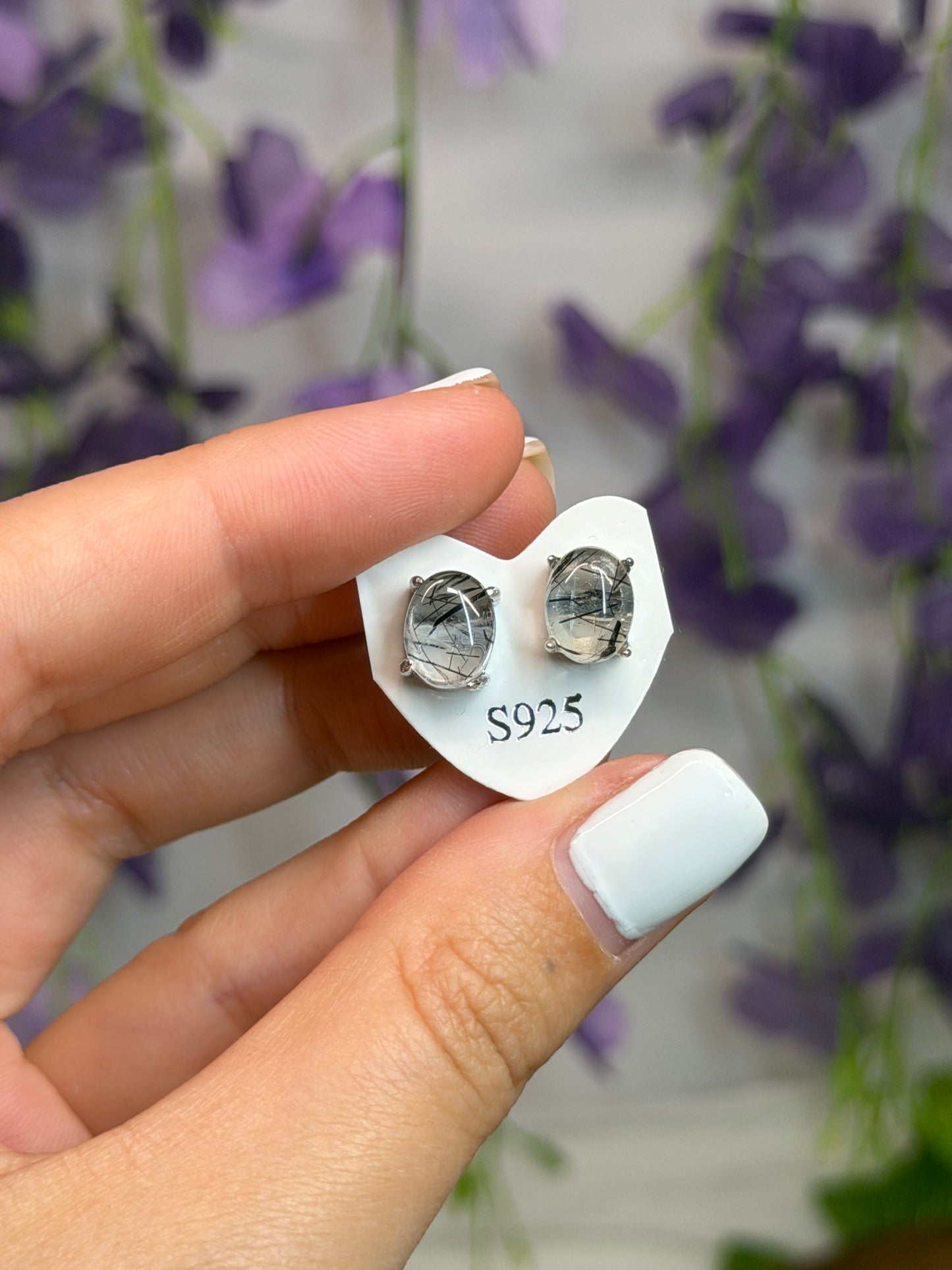 Black Tourmaline in Quartz Studs (925 Sterling Silver)
