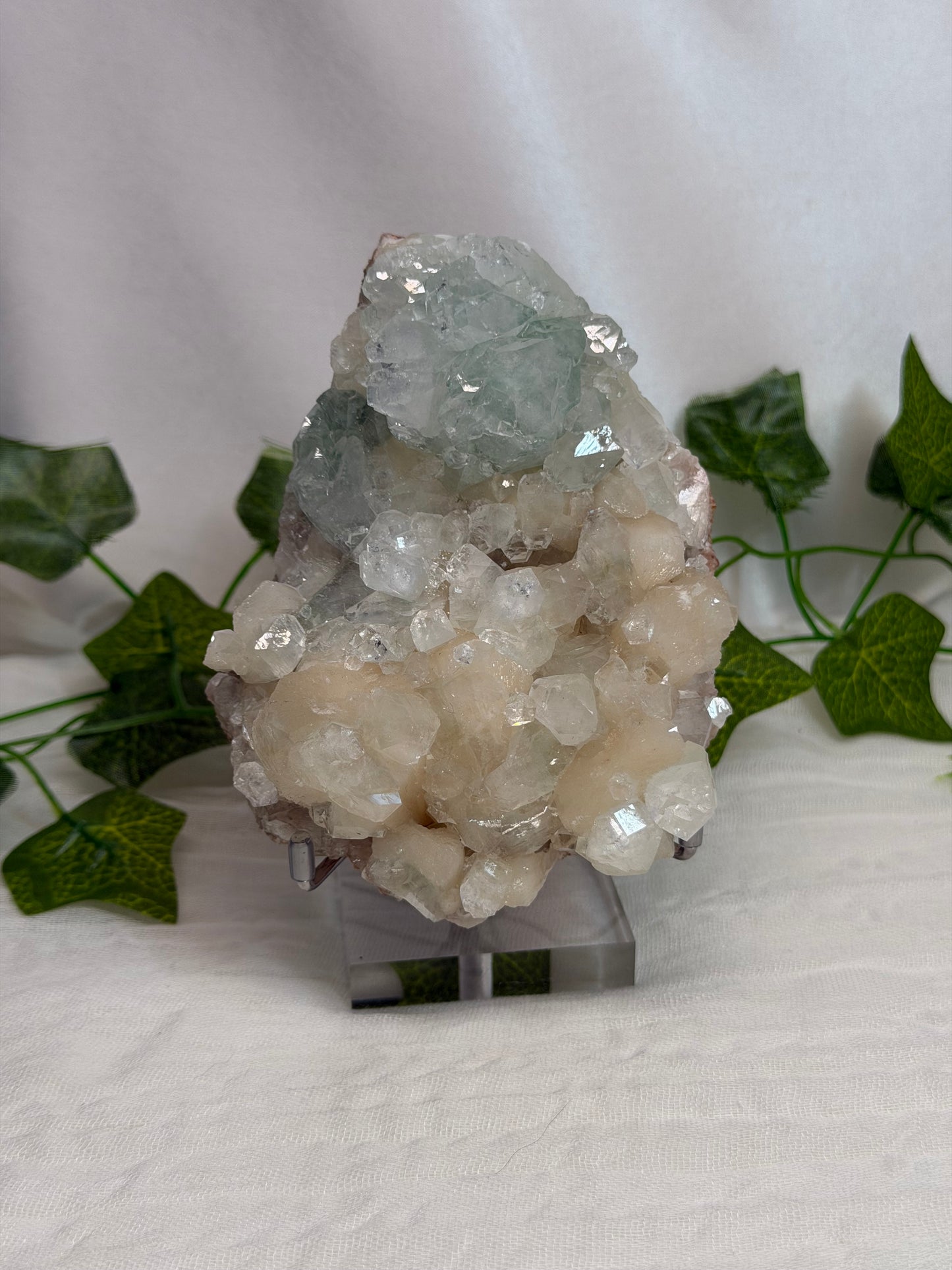 Green Discoball Apophyllite with Peach Stilbite