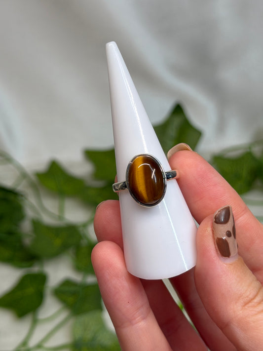Tiger Eye Oval Ring Size O (925 Sterling Silver)