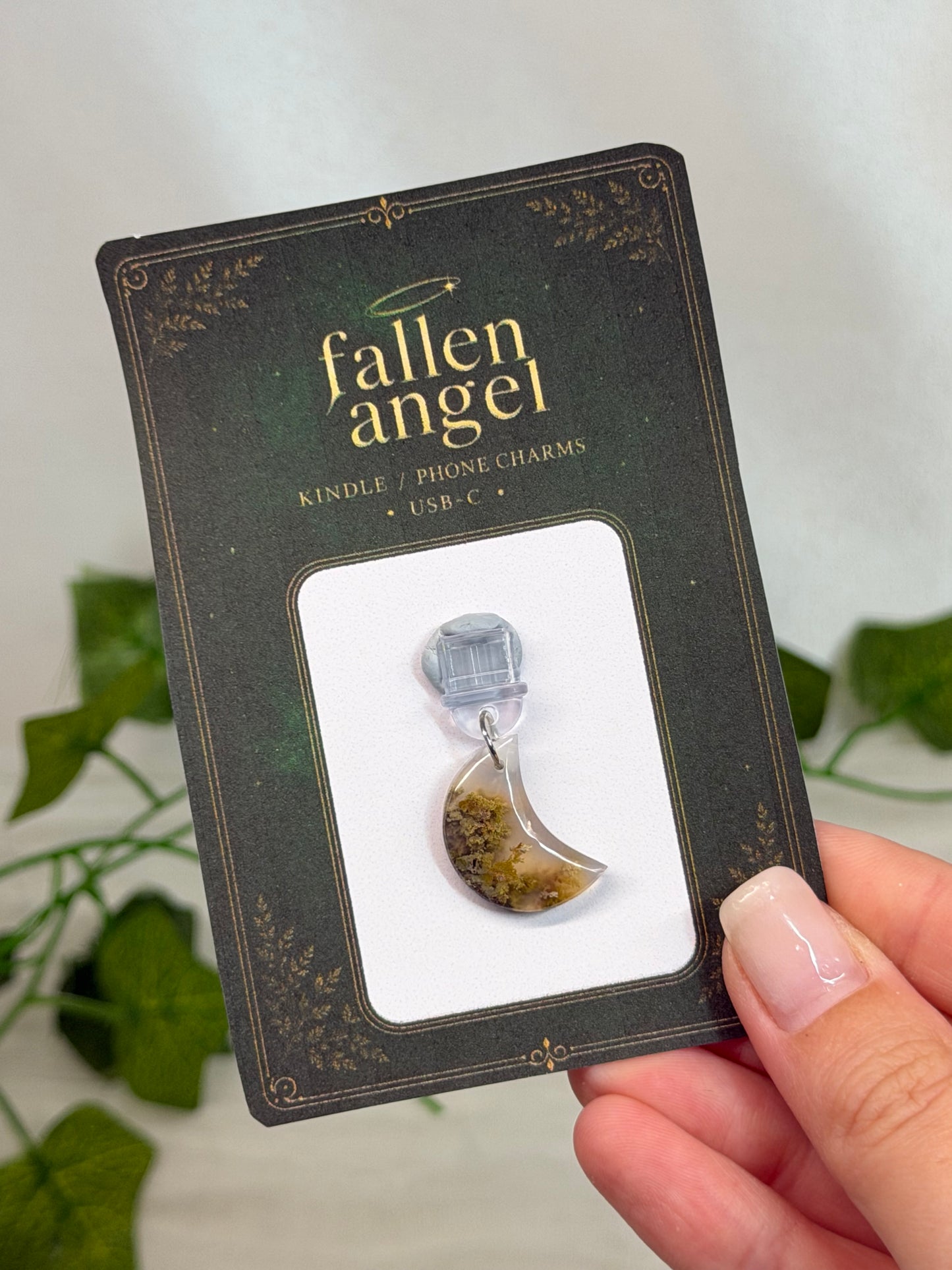 Scenic Moss Agate Moon USB-C Phone/Kindle Charm