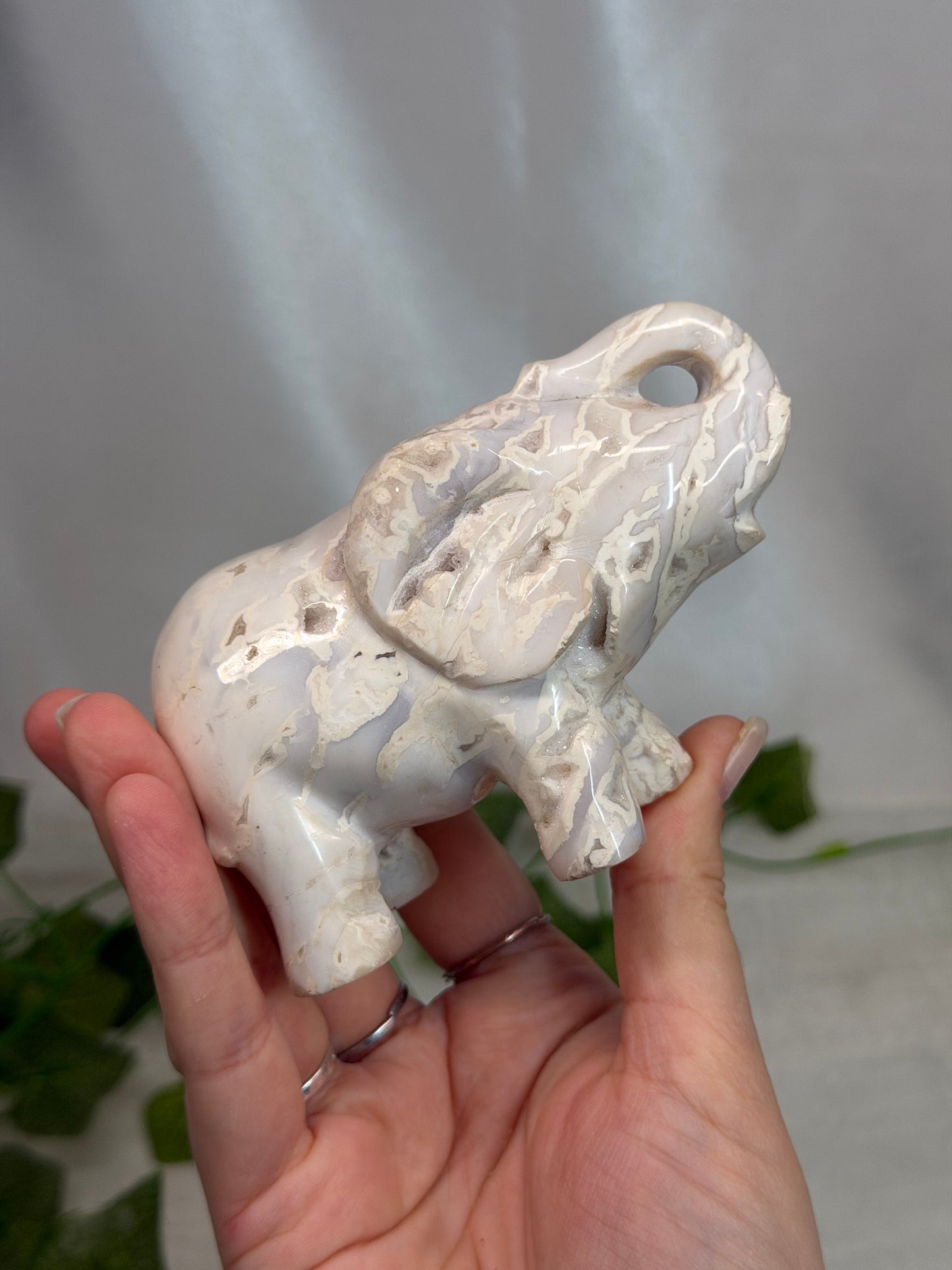White Plume Agate Elephant