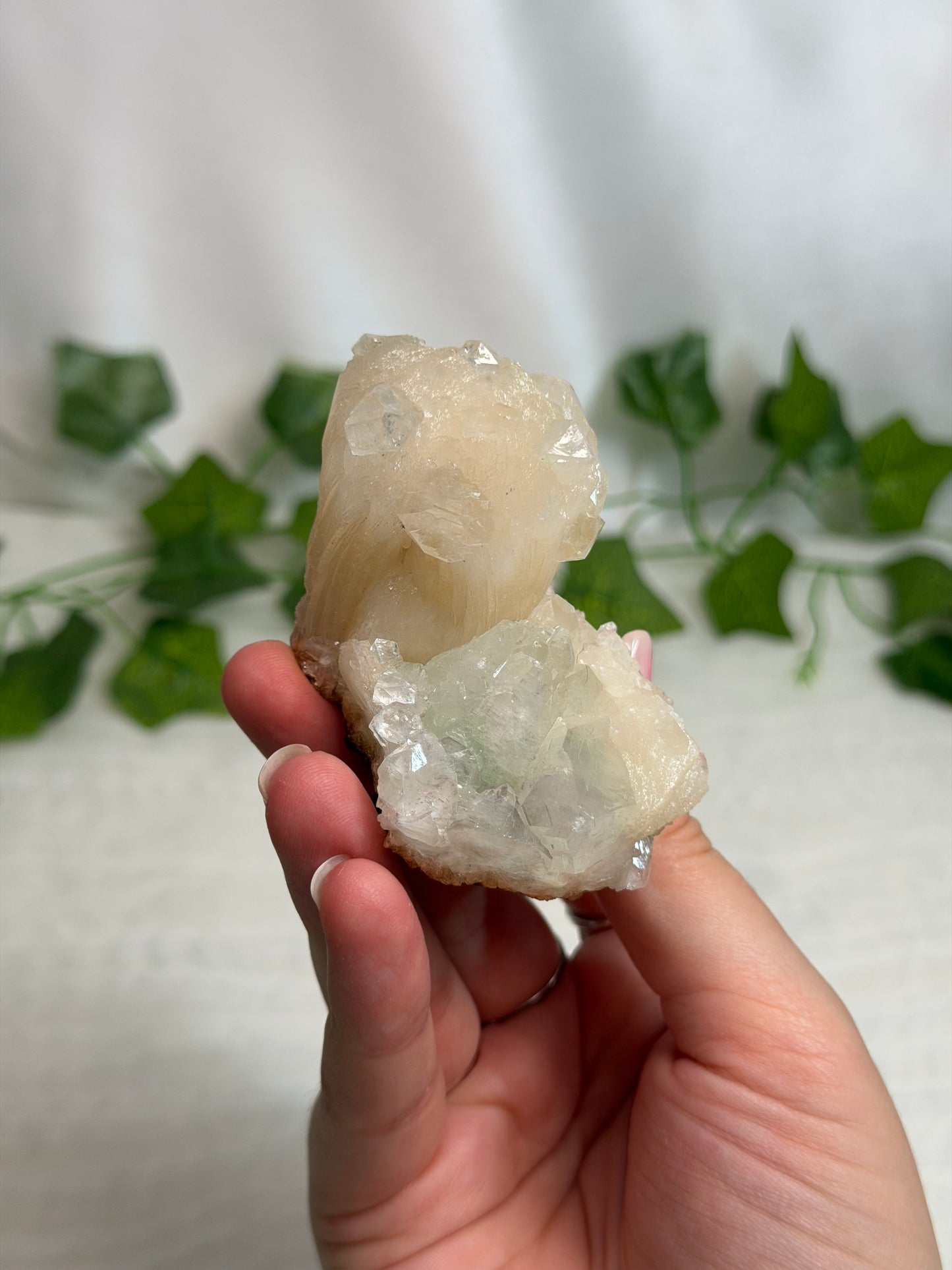 Green Discoball Apophyllite with Peach Stilbite