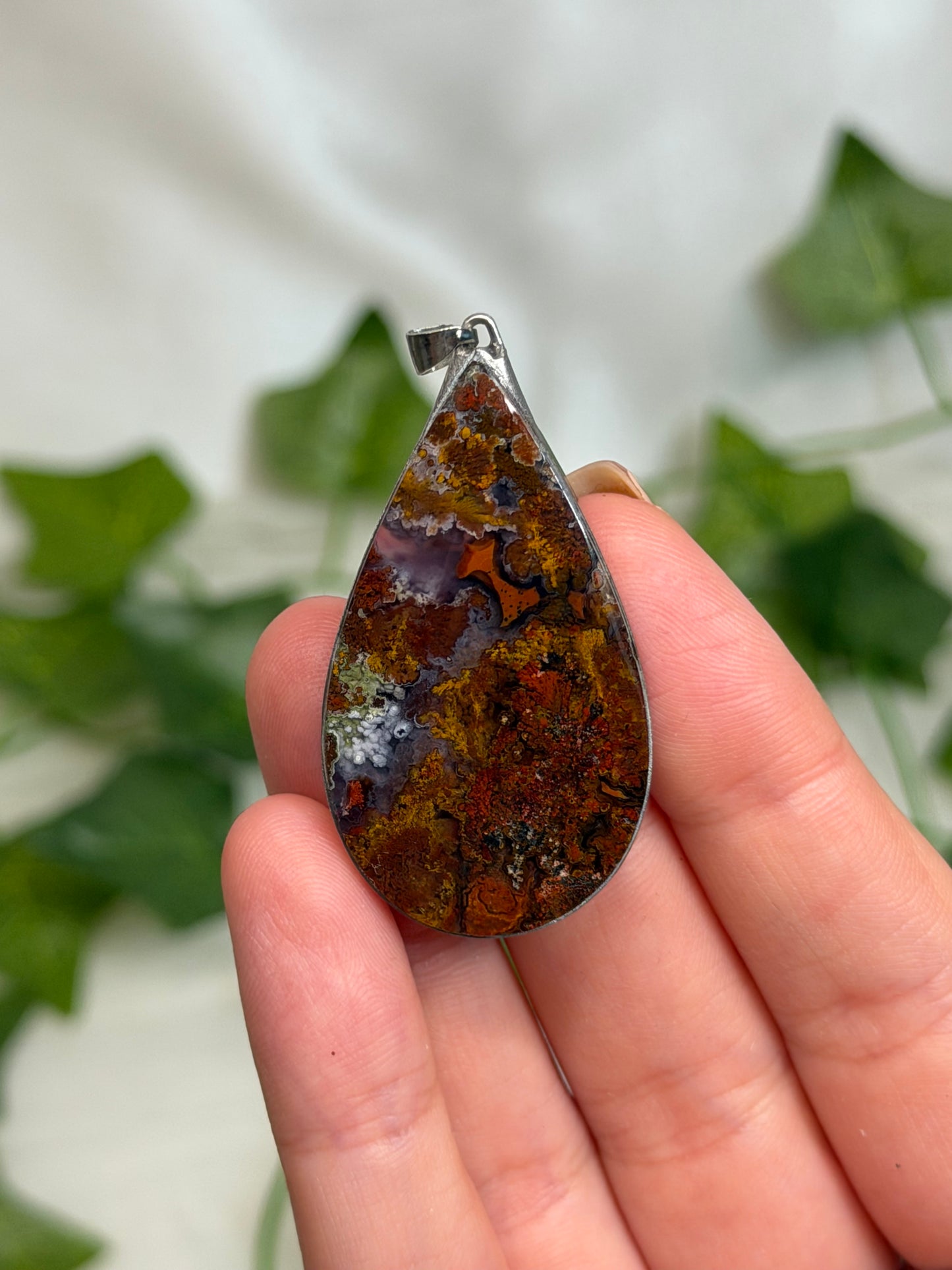 Teardrop Scenic Moss Agate Pendant (Stainless Steel)