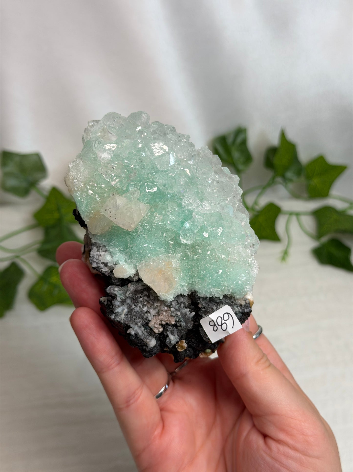 Green Discoball Apophyllite with Peach Stilbite