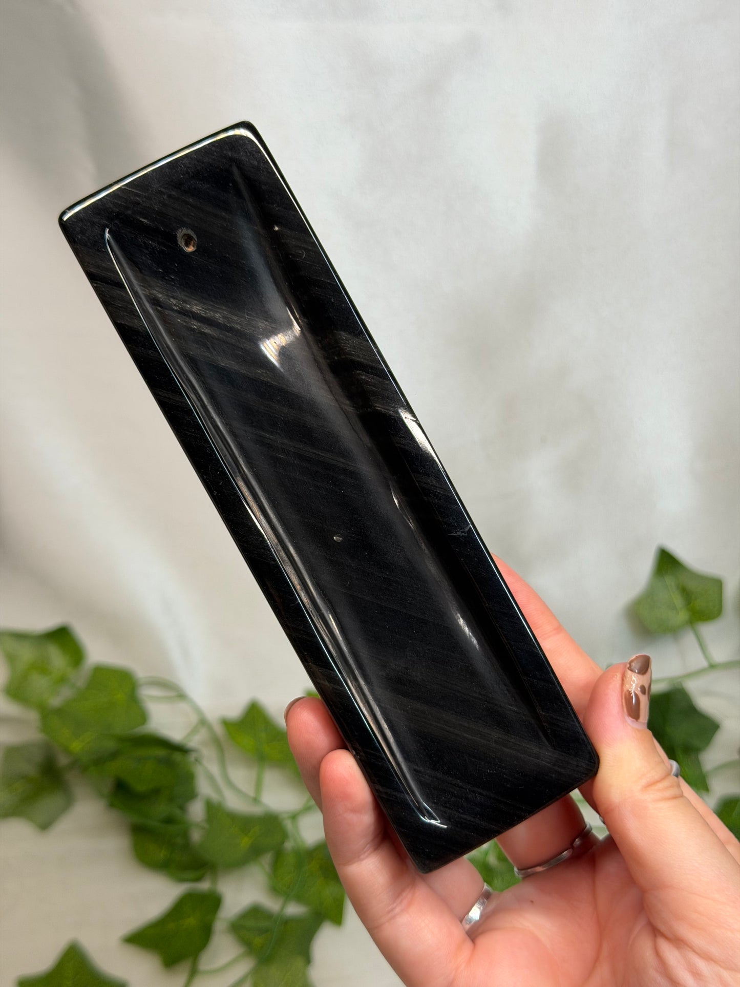 Silver Sheen Obsidian Incense Holder