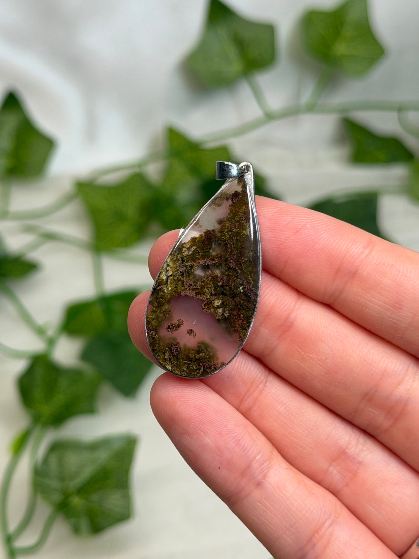 Teardrop Scenic Moss Agate Pendant (Stainless Steel)