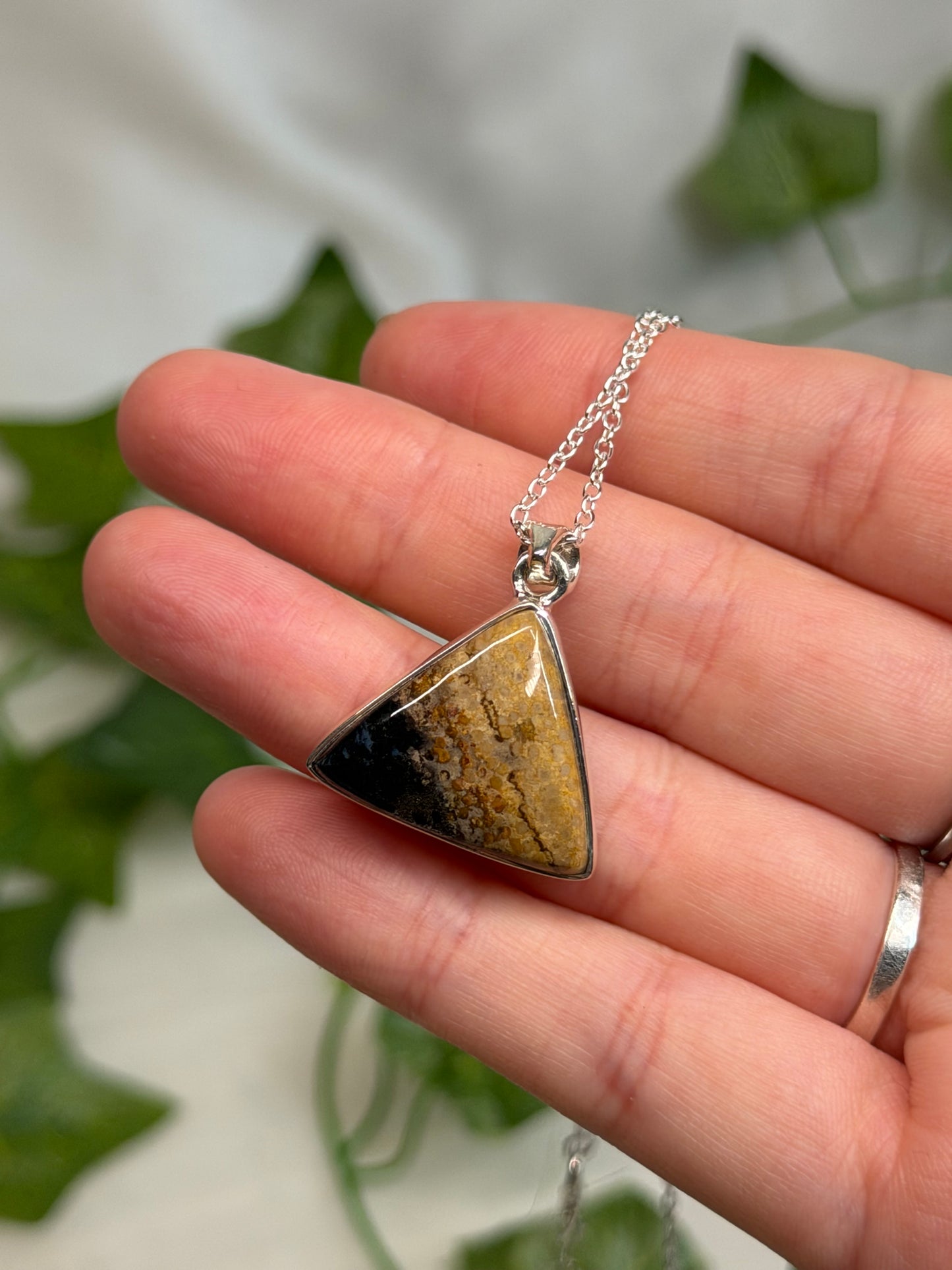 Triangle Petrified Wood Pendant (925 Sterling Silver)