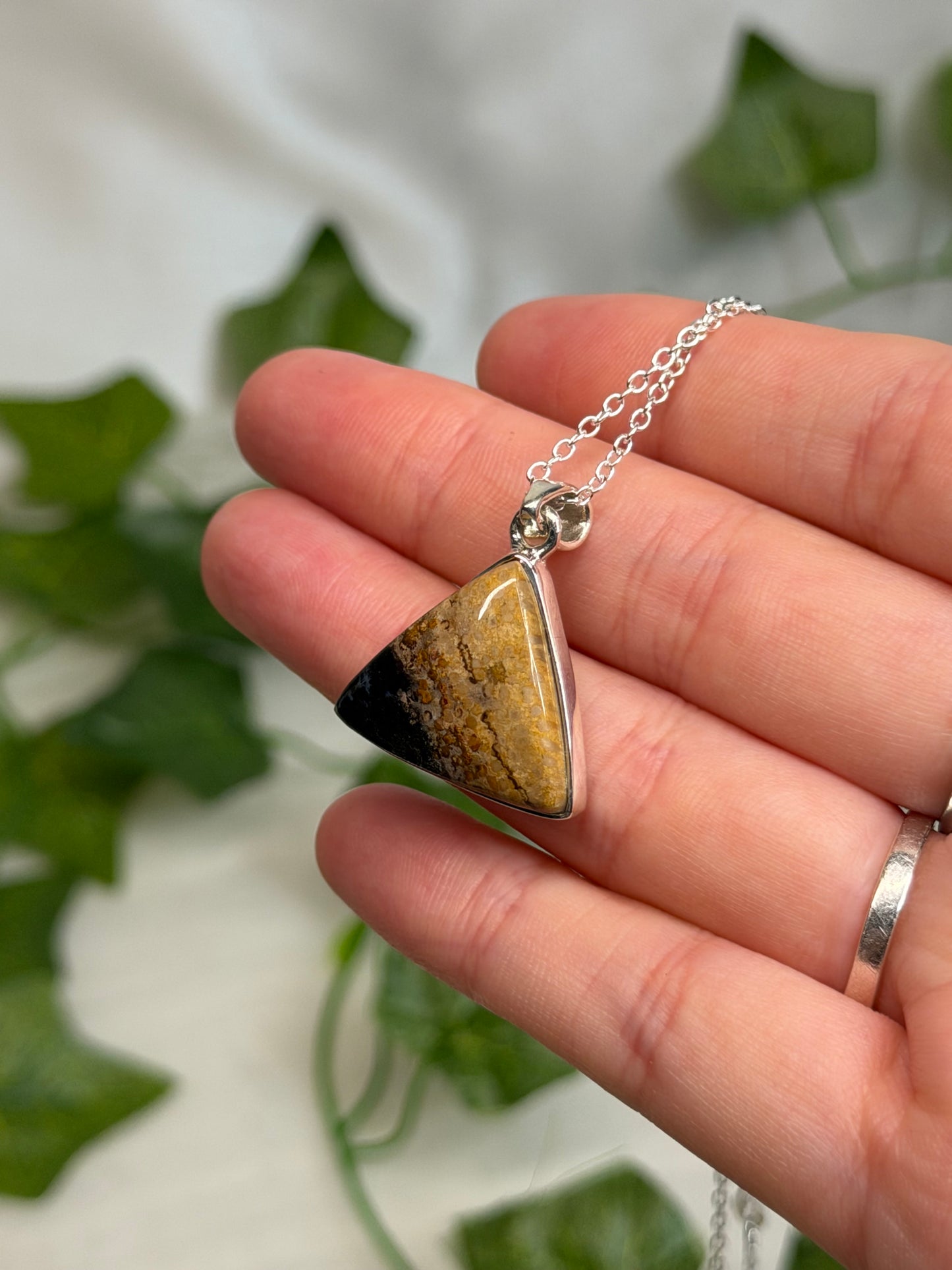 Triangle Petrified Wood Pendant (925 Sterling Silver)