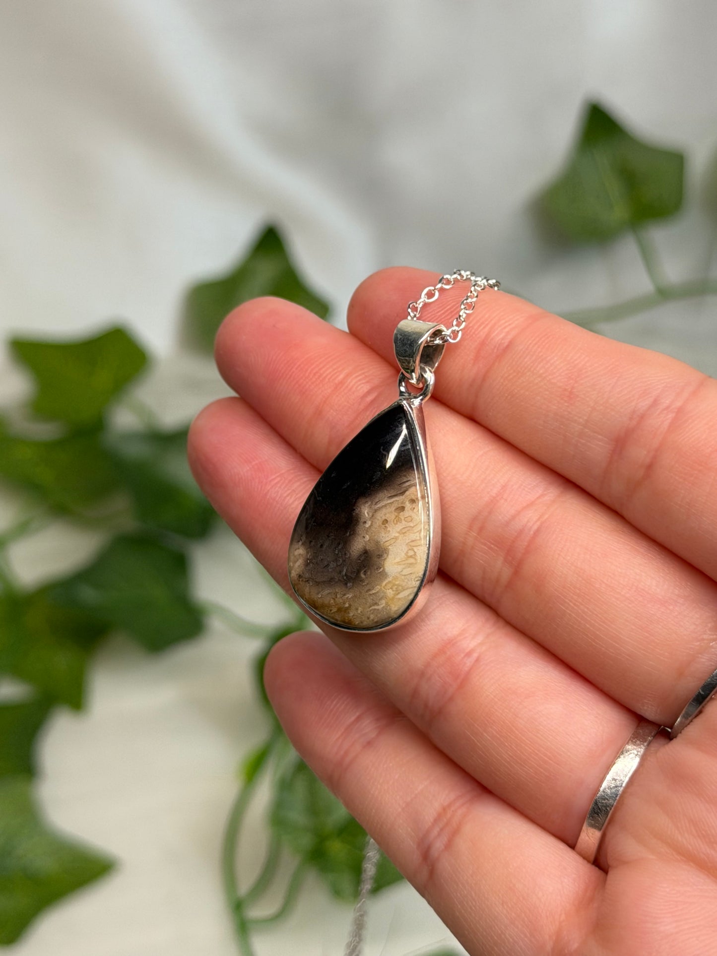 Teardrop Petrified Wood Pendant (925 Sterling Silver)