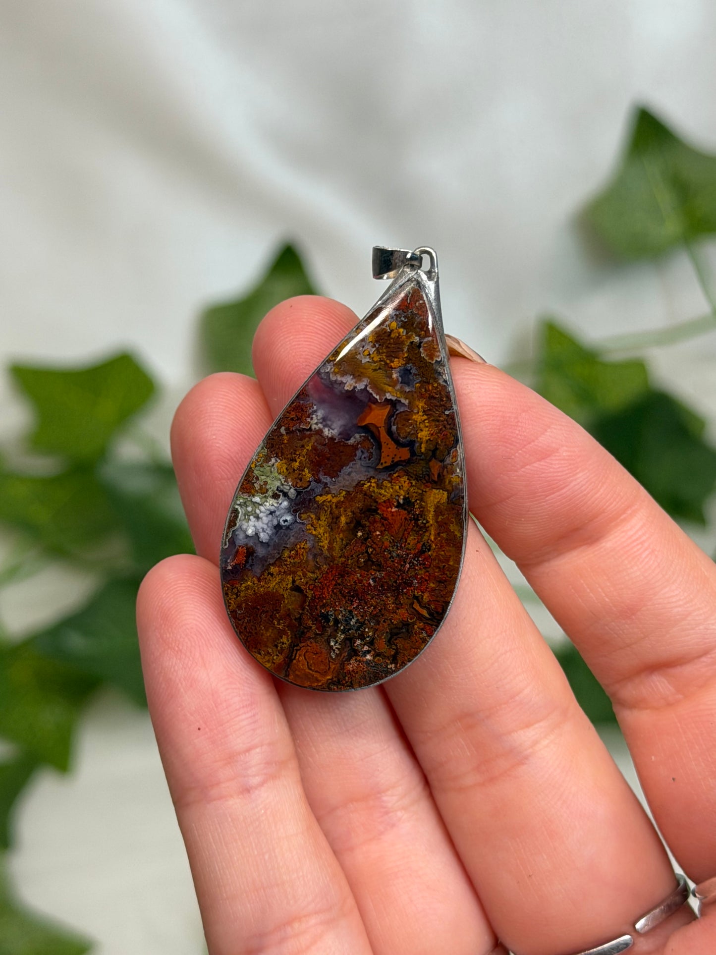 Teardrop Scenic Moss Agate Pendant (Stainless Steel)