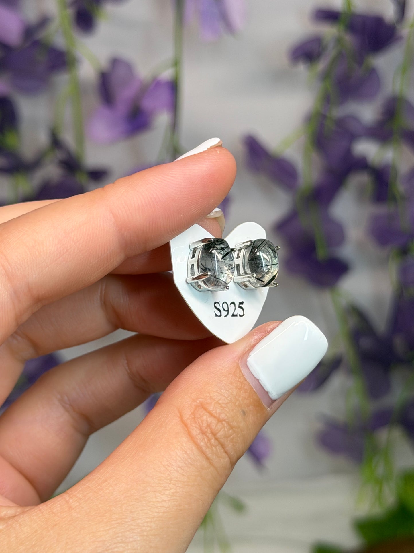 Black Tourmaline in Quartz Studs (925 Sterling Silver)