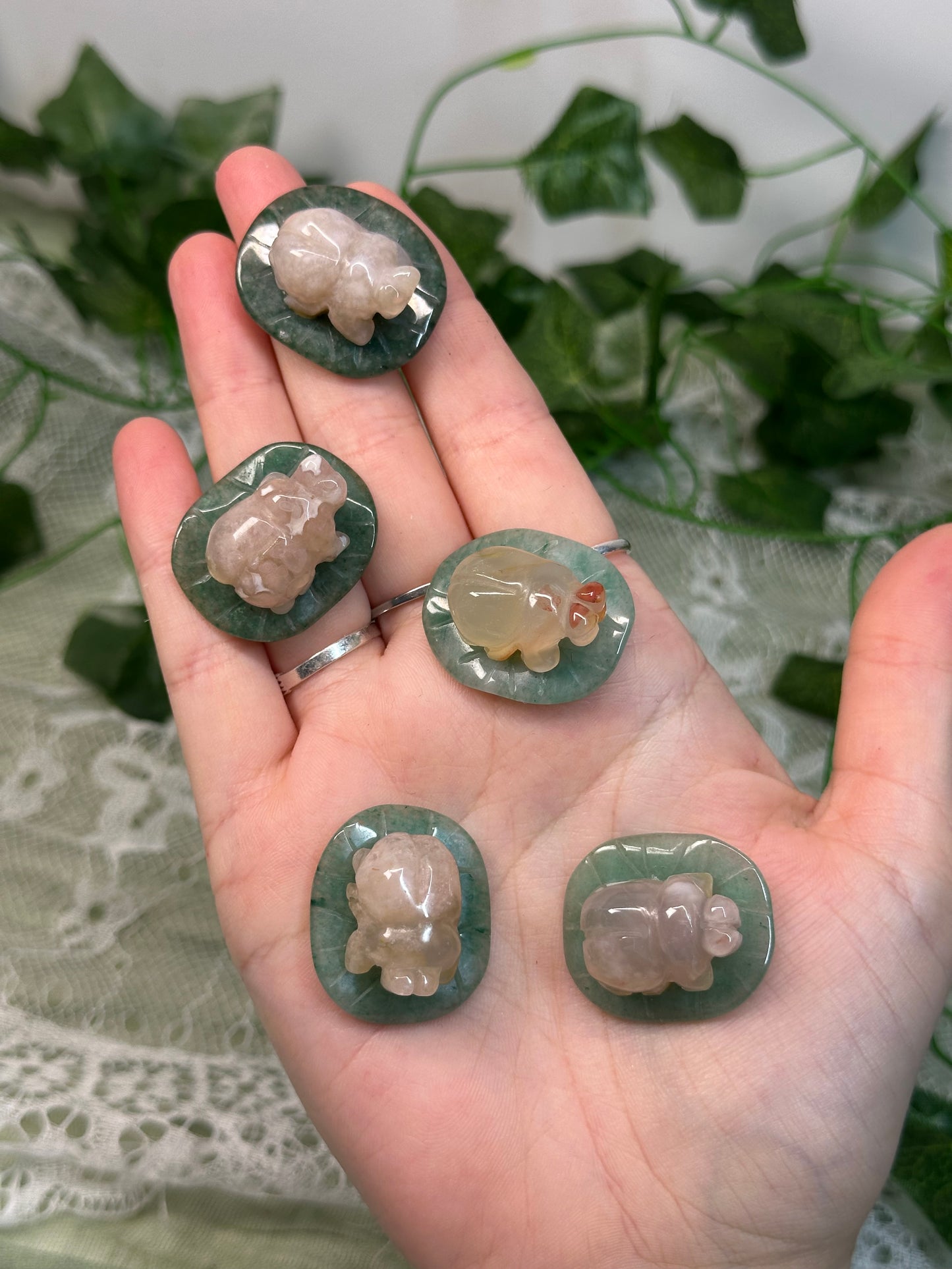 Flower Agate Bugs on Green Aventurine Leaves