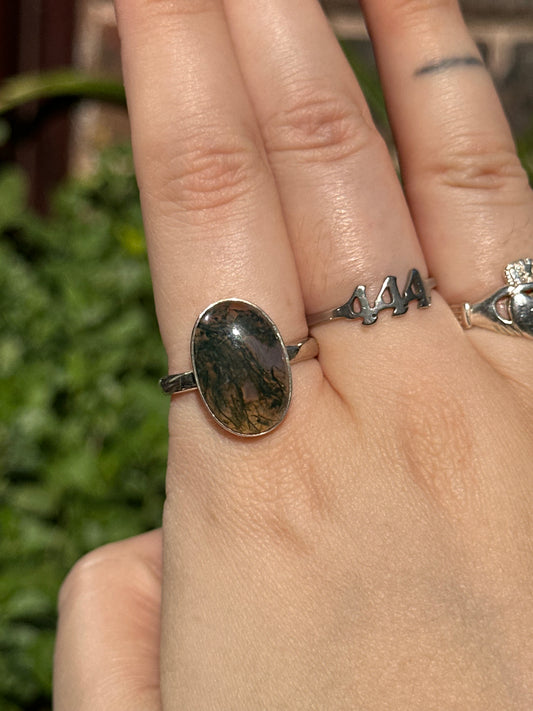 Size U Moss Agate Ring (925 Sterling Silver)