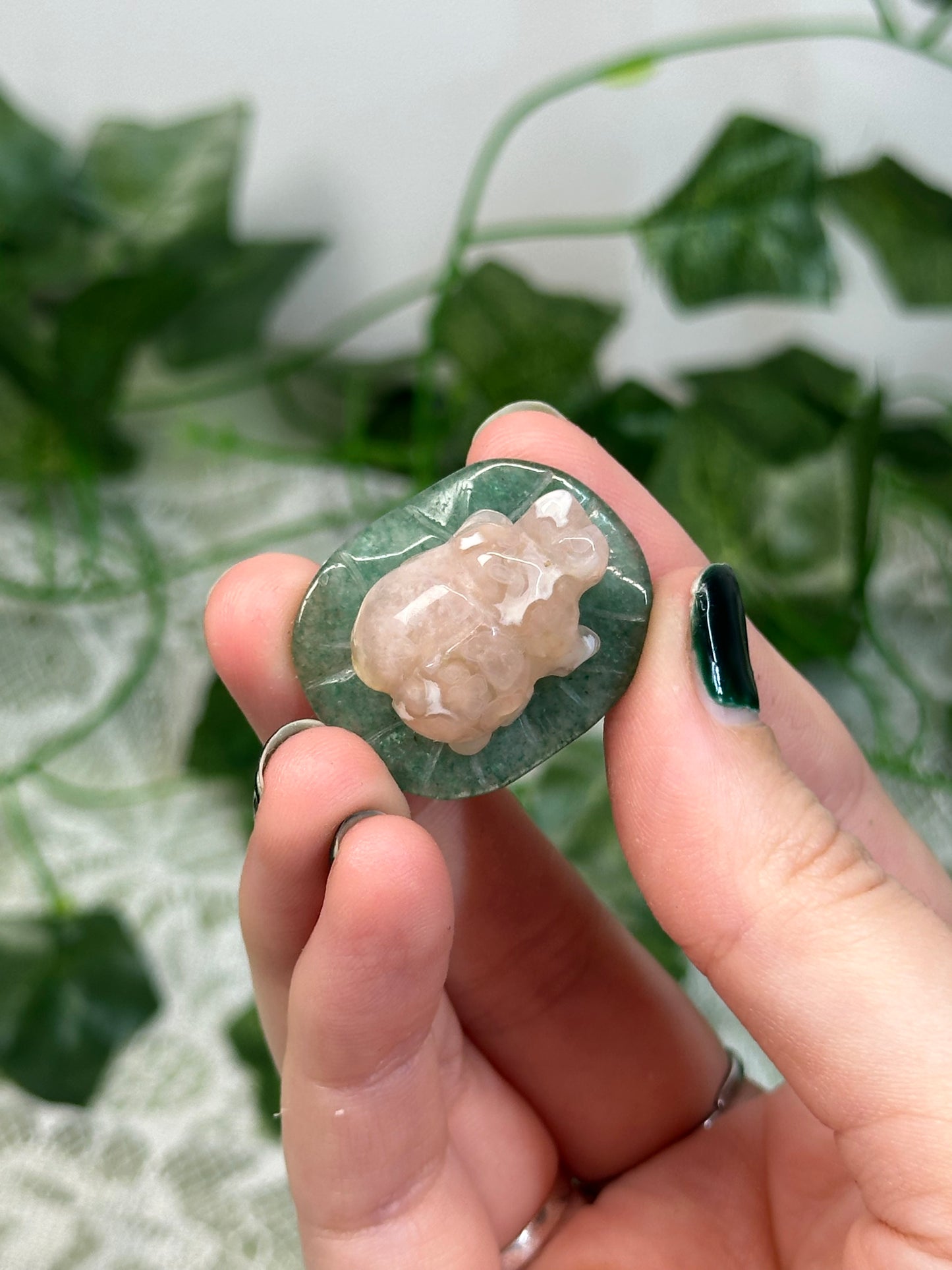 Flower Agate Bugs on Green Aventurine Leaves