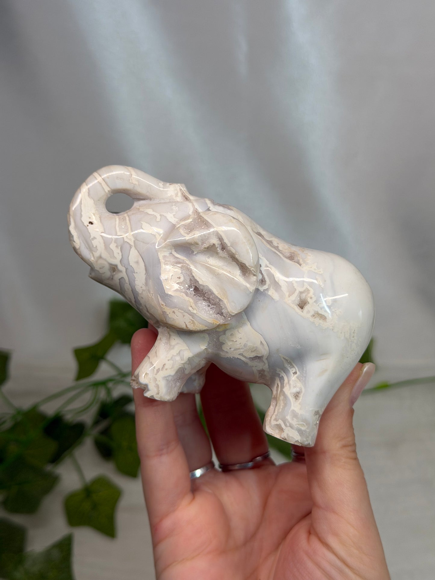 White Plume Agate Elephant