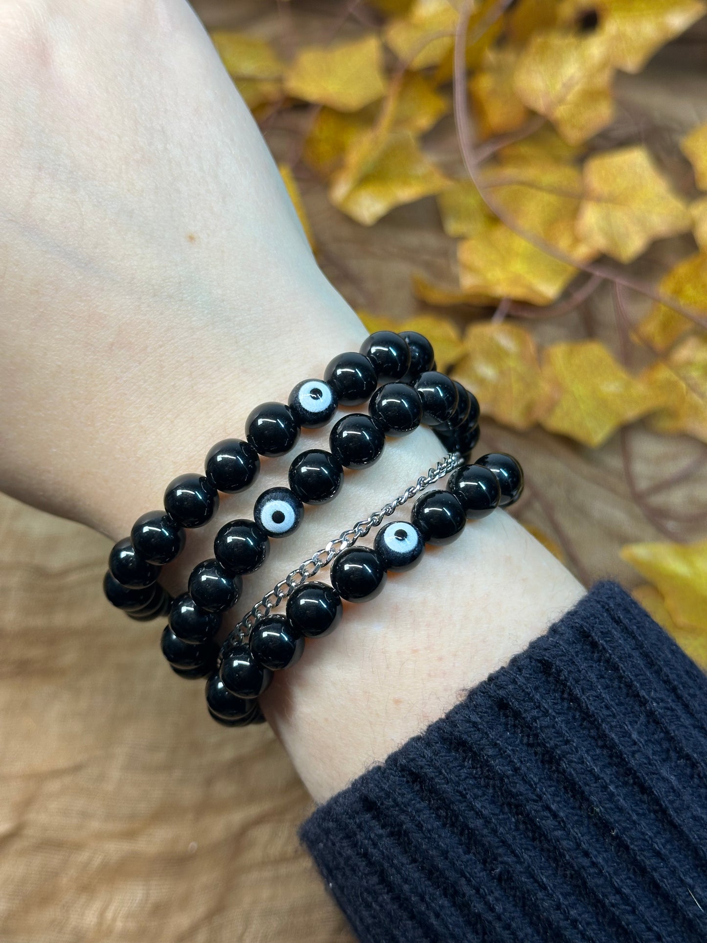 8mm Black Obsidian Evil Eye Bracelet