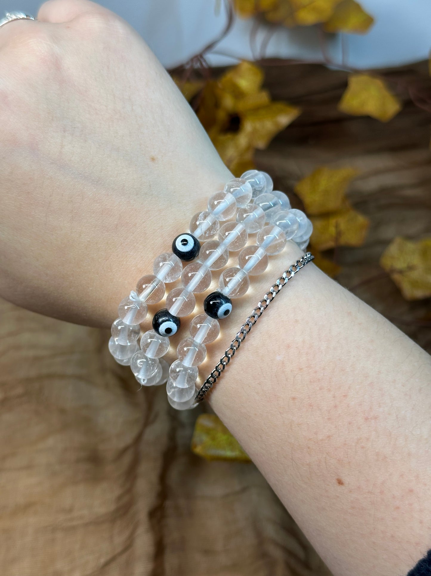 8mm Clear Quartz Evil Eye Bracelet