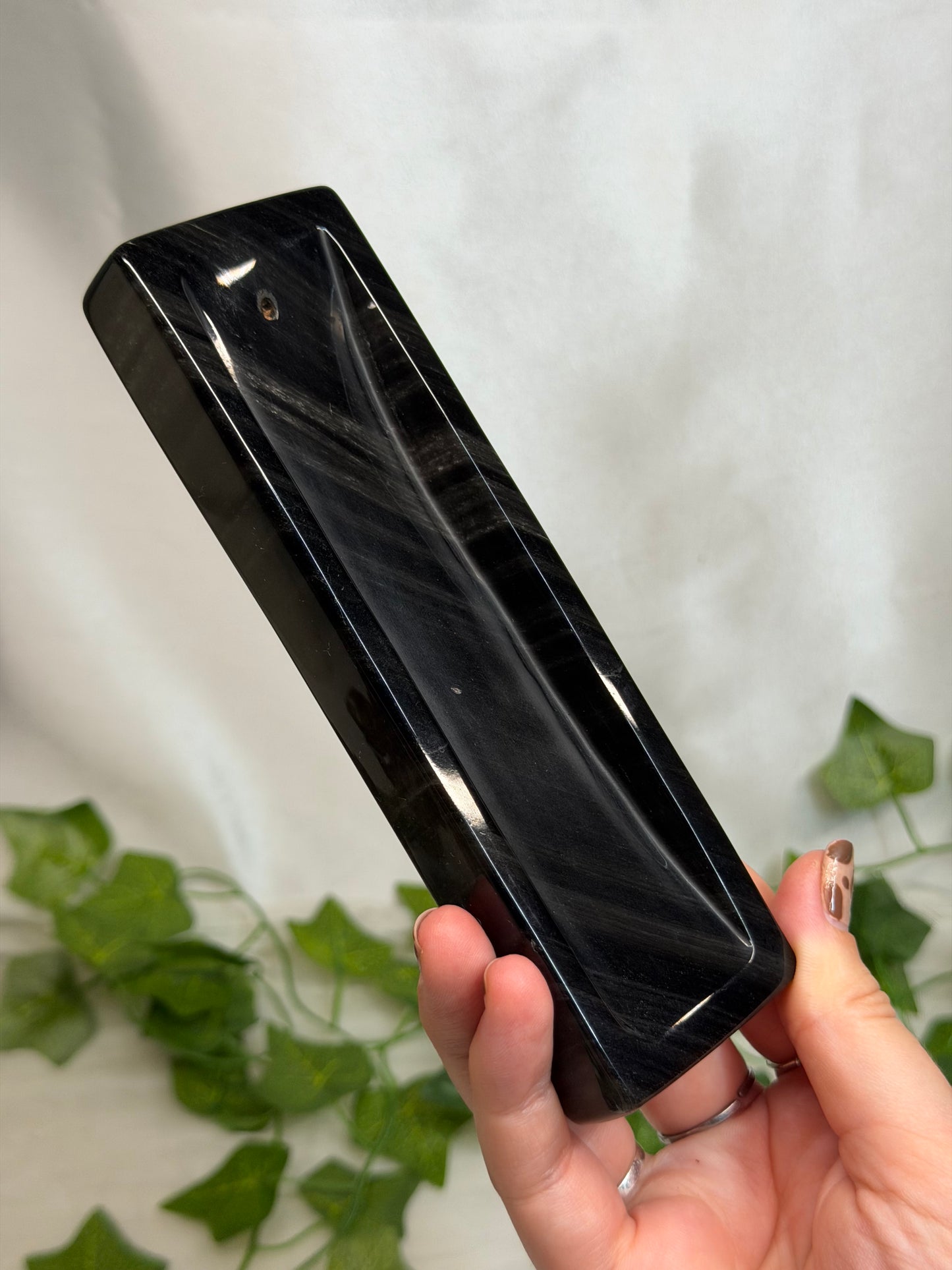 Silver Sheen Obsidian Incense Holder