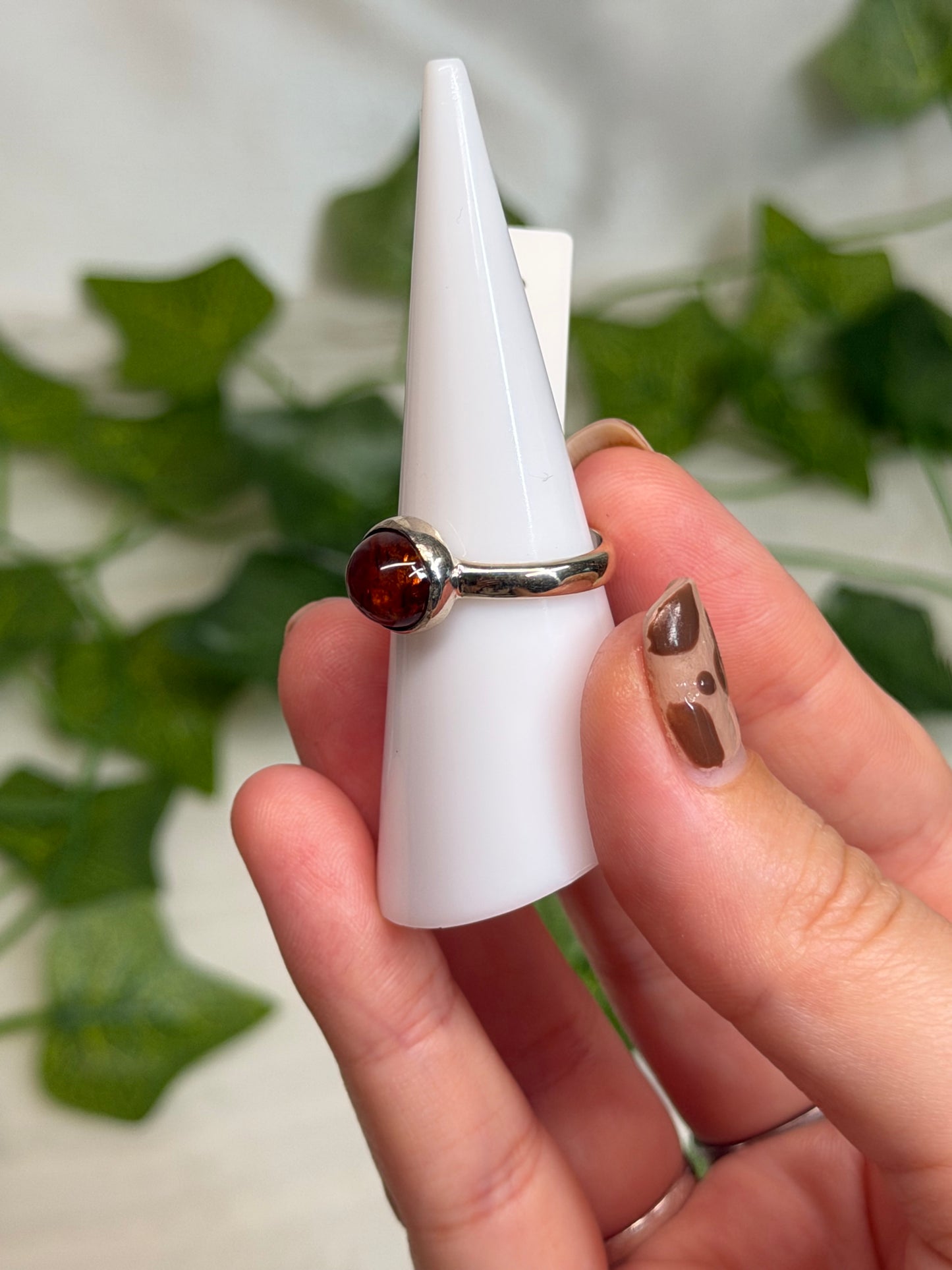 Round Amber Ring Size M (925 Sterling Silver)
