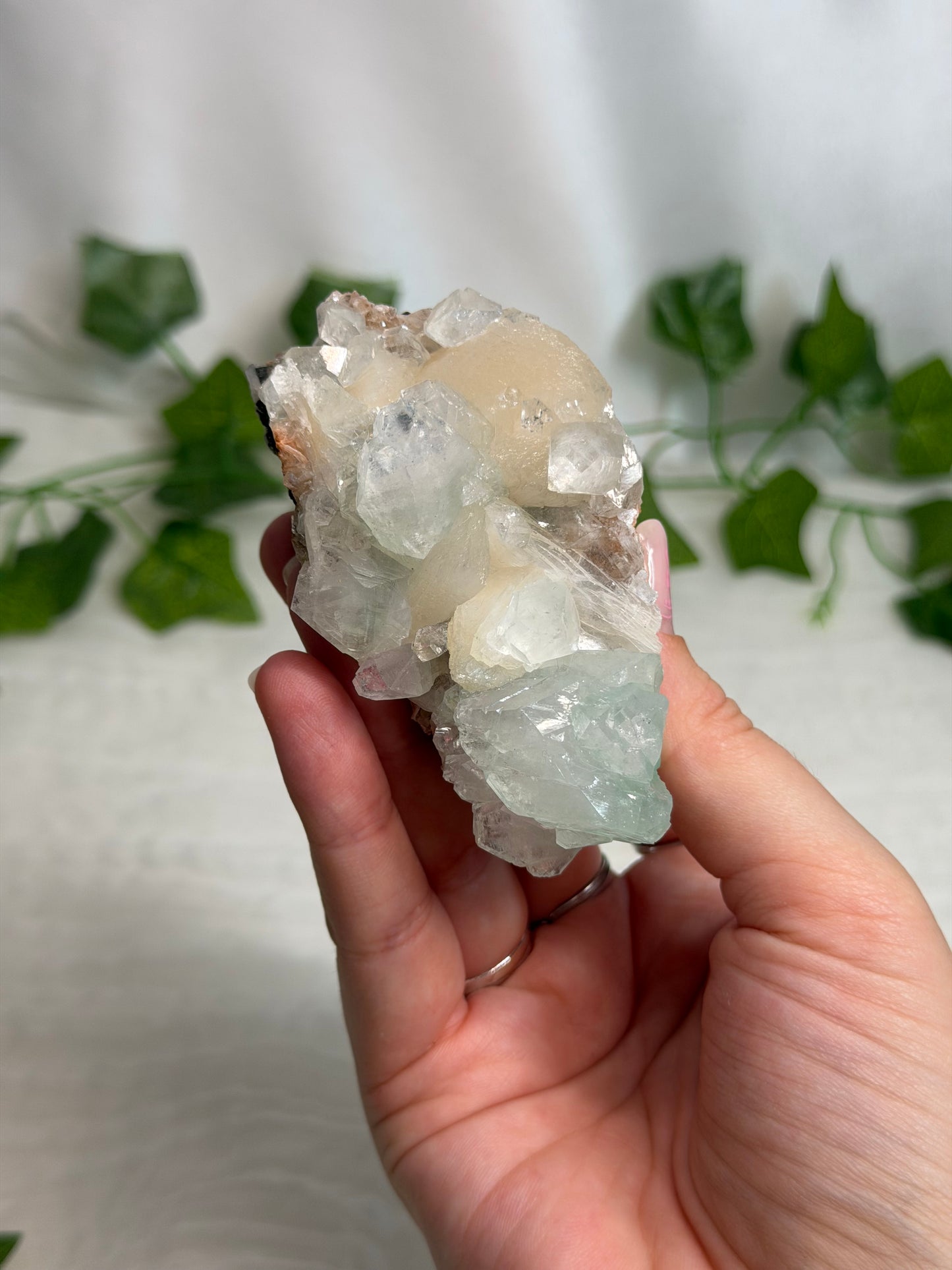 Green Discoball Apophyllite with Peach Stilbite