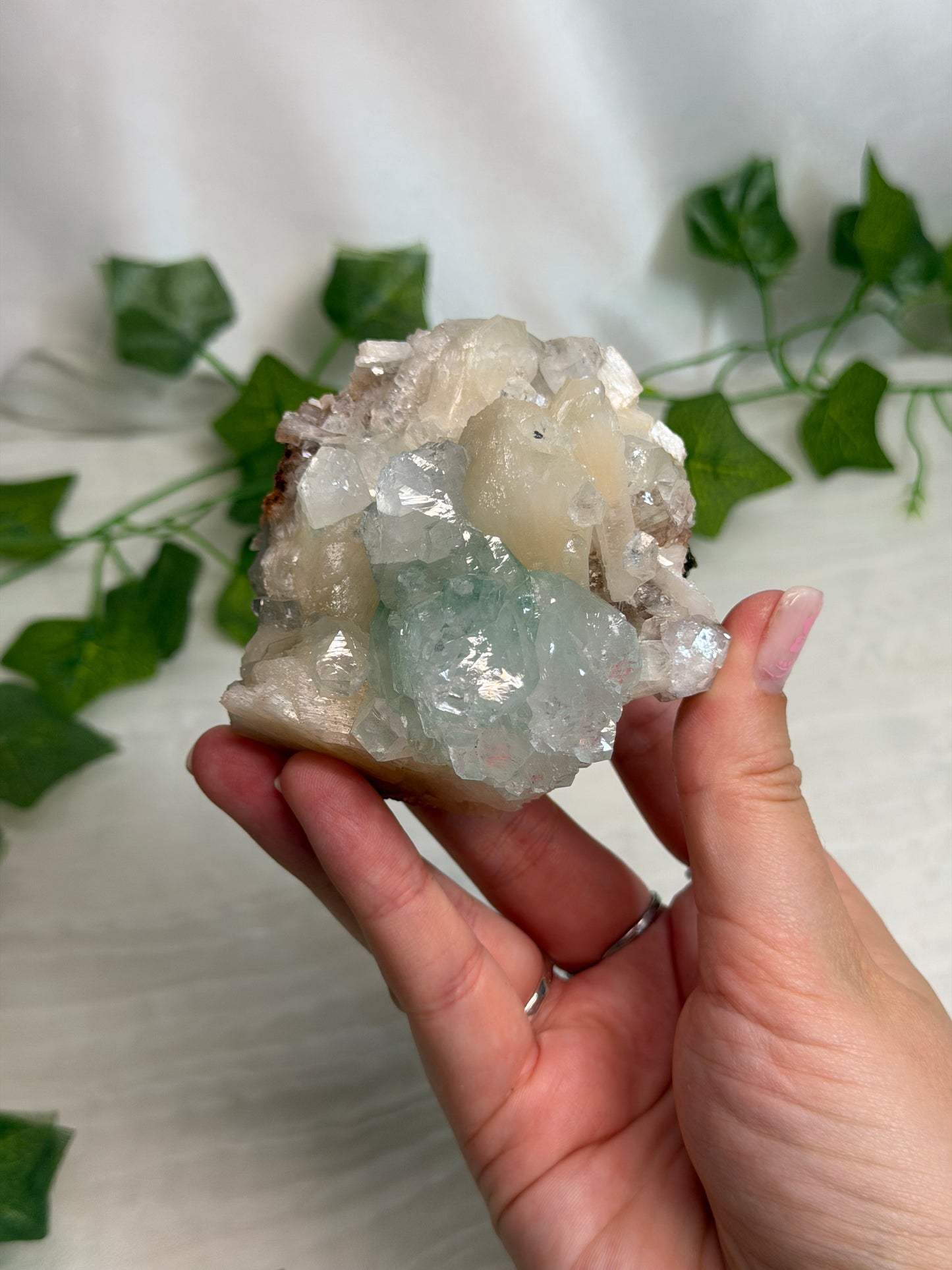 Green Discoball Apophyllite with Peach Stilbite