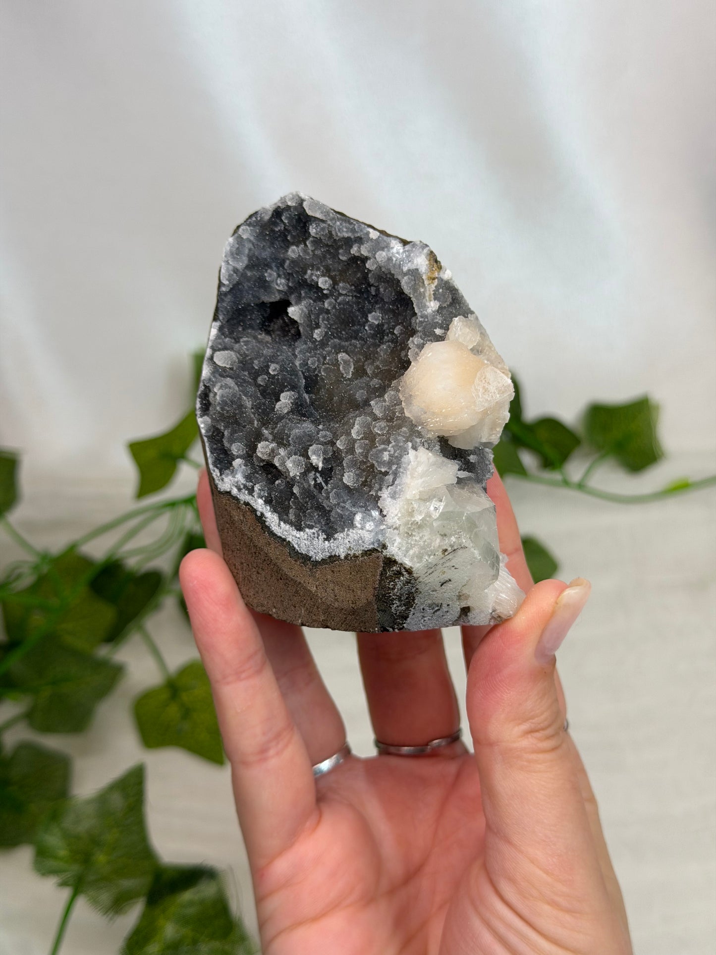 Apophyllite & Stilbite on Black Chalcedony Cutbases
